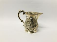 A VICTORIAN SILVER CREAM JUG BALUSTER FORM, EMBOSSED WITH FLOWERS, A DOUBLE SCROLL HANDLE,