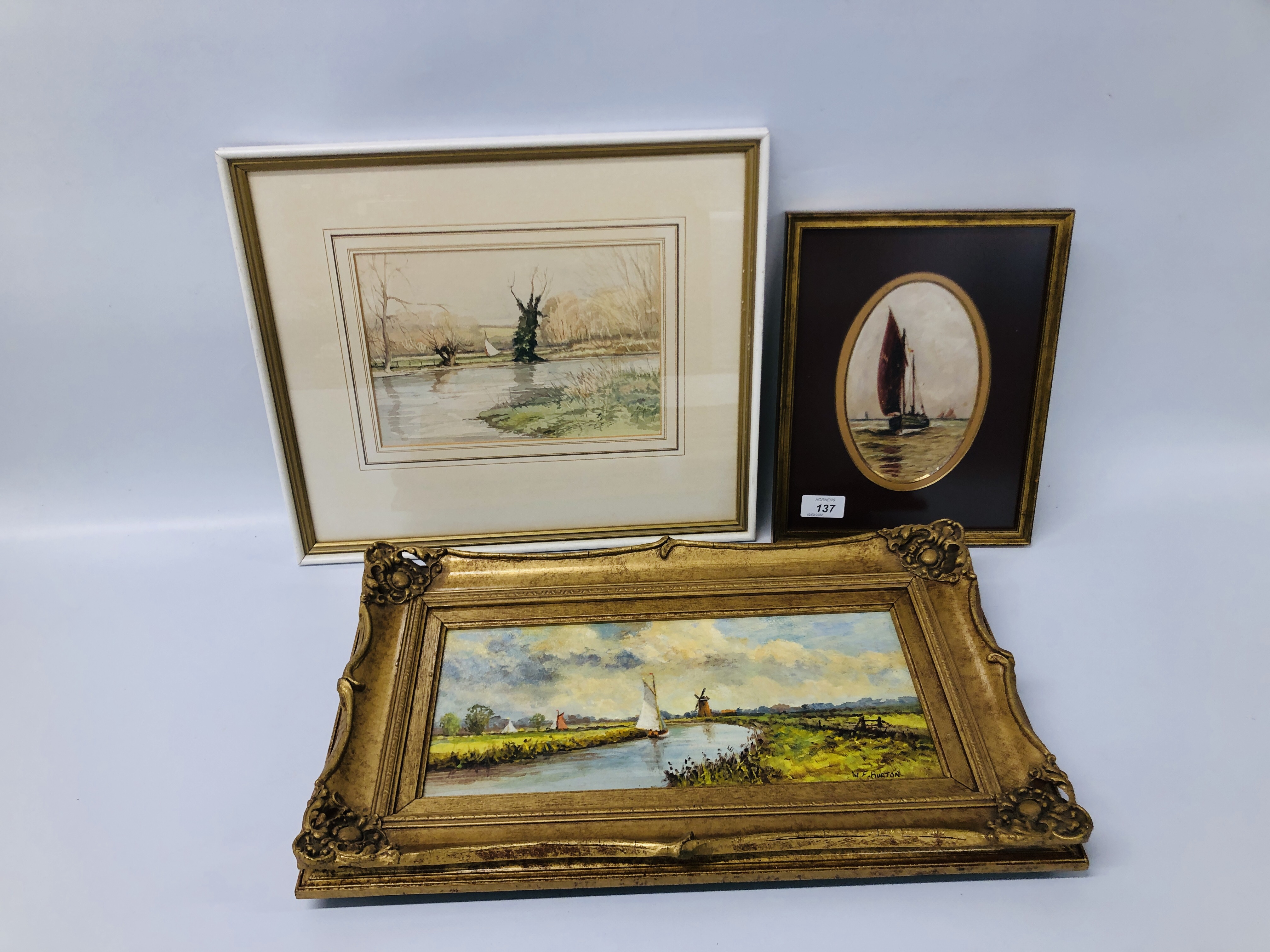 OIL ON BOARD BROADLAND SCENE DEPICTING SAILING YACHTS AND WINDMILL BEARING SIGNATURE W.F.
