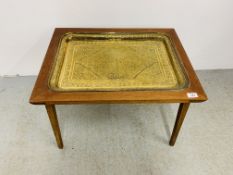 A MODERN TEAK OCCASIONAL TABLE NOW WITH BENARES BRASS TRAY INSET TO TOP.