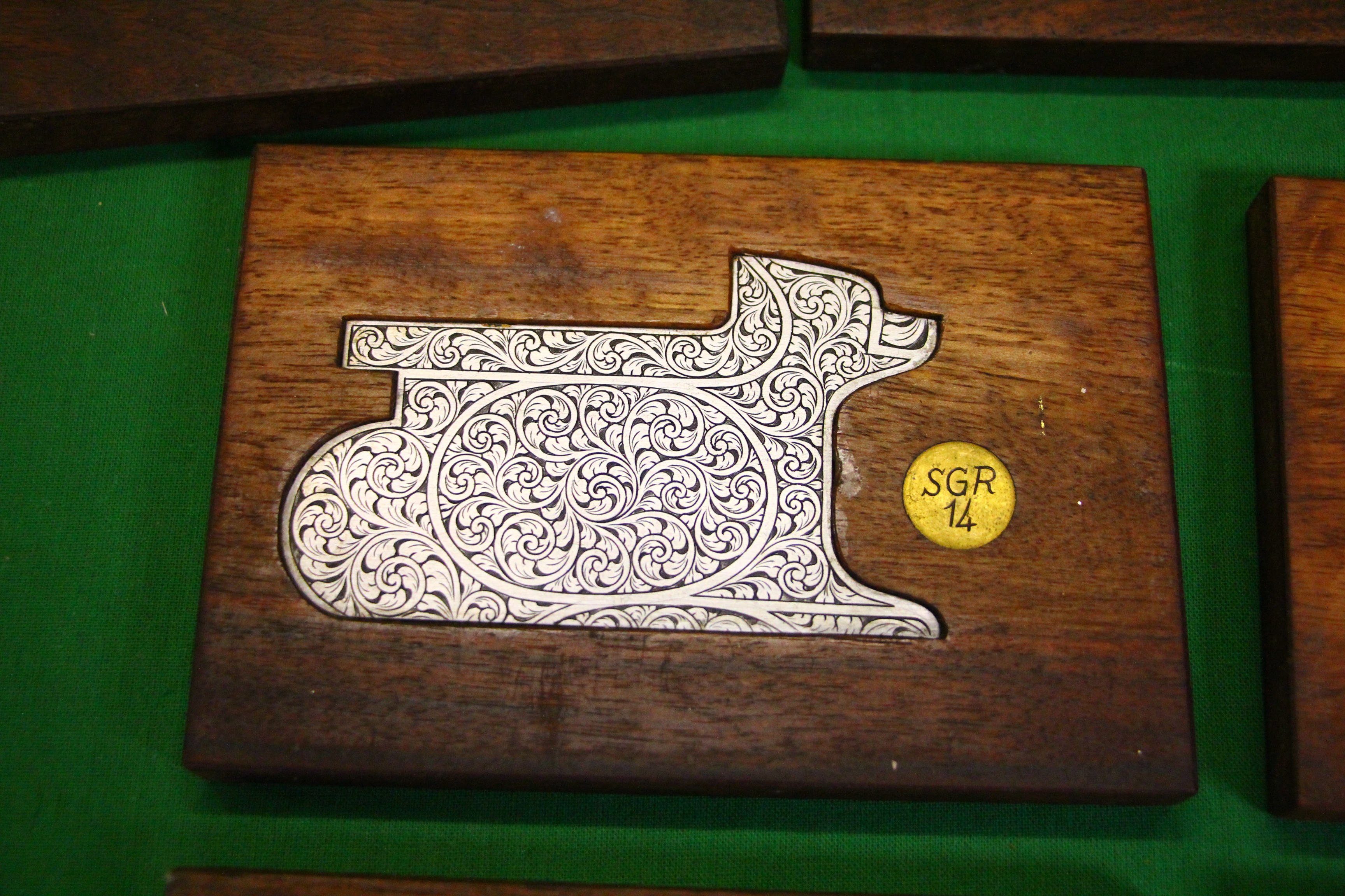 A COLLECTION OF 10 STEEL ENGRAVED SHOT GUN SIDE PLATES MOUNTED IN MAHOGANY, - Image 7 of 11