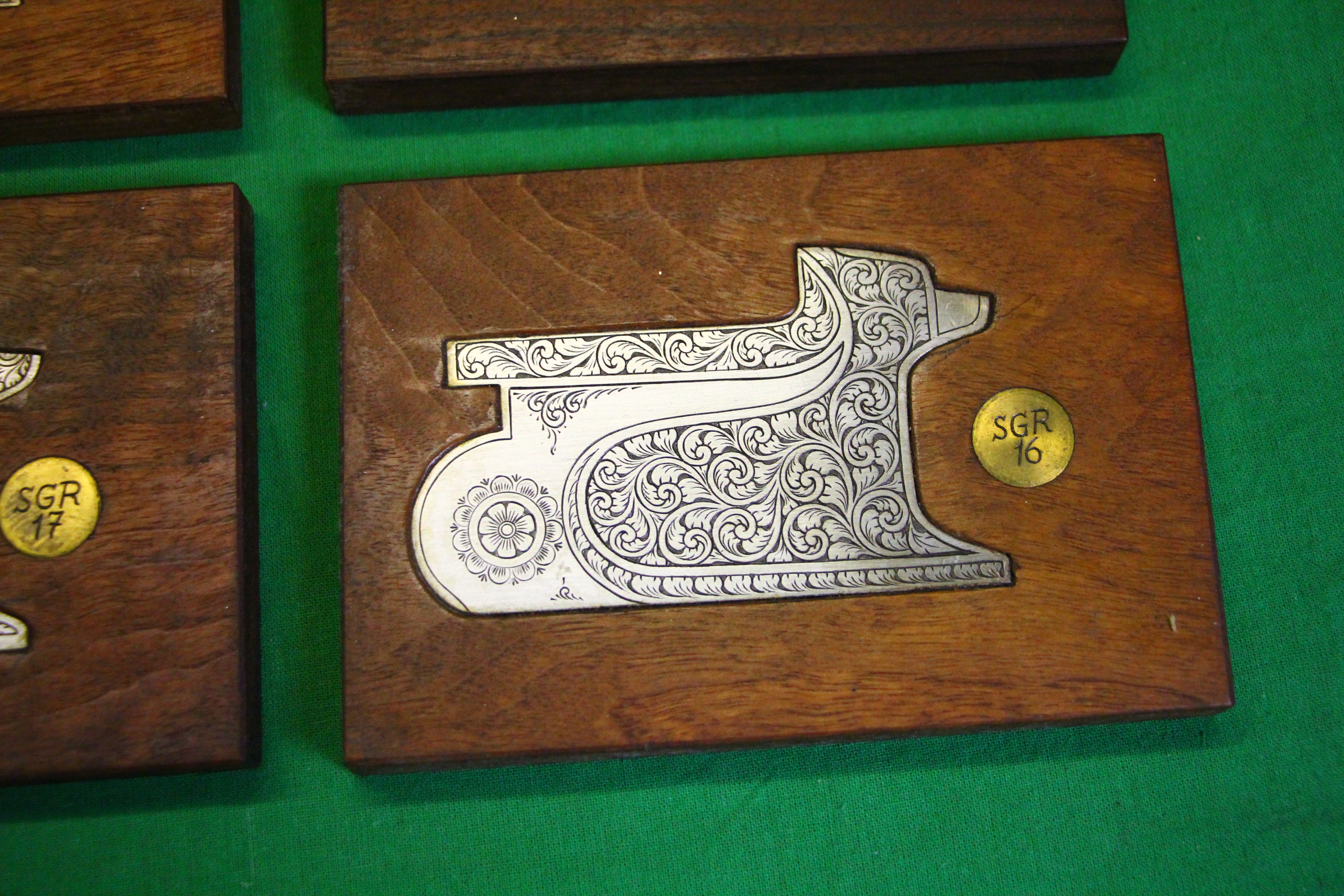 A COLLECTION OF 10 STEEL ENGRAVED SHOT GUN SIDE PLATES MOUNTED IN MAHOGANY, - Image 4 of 11