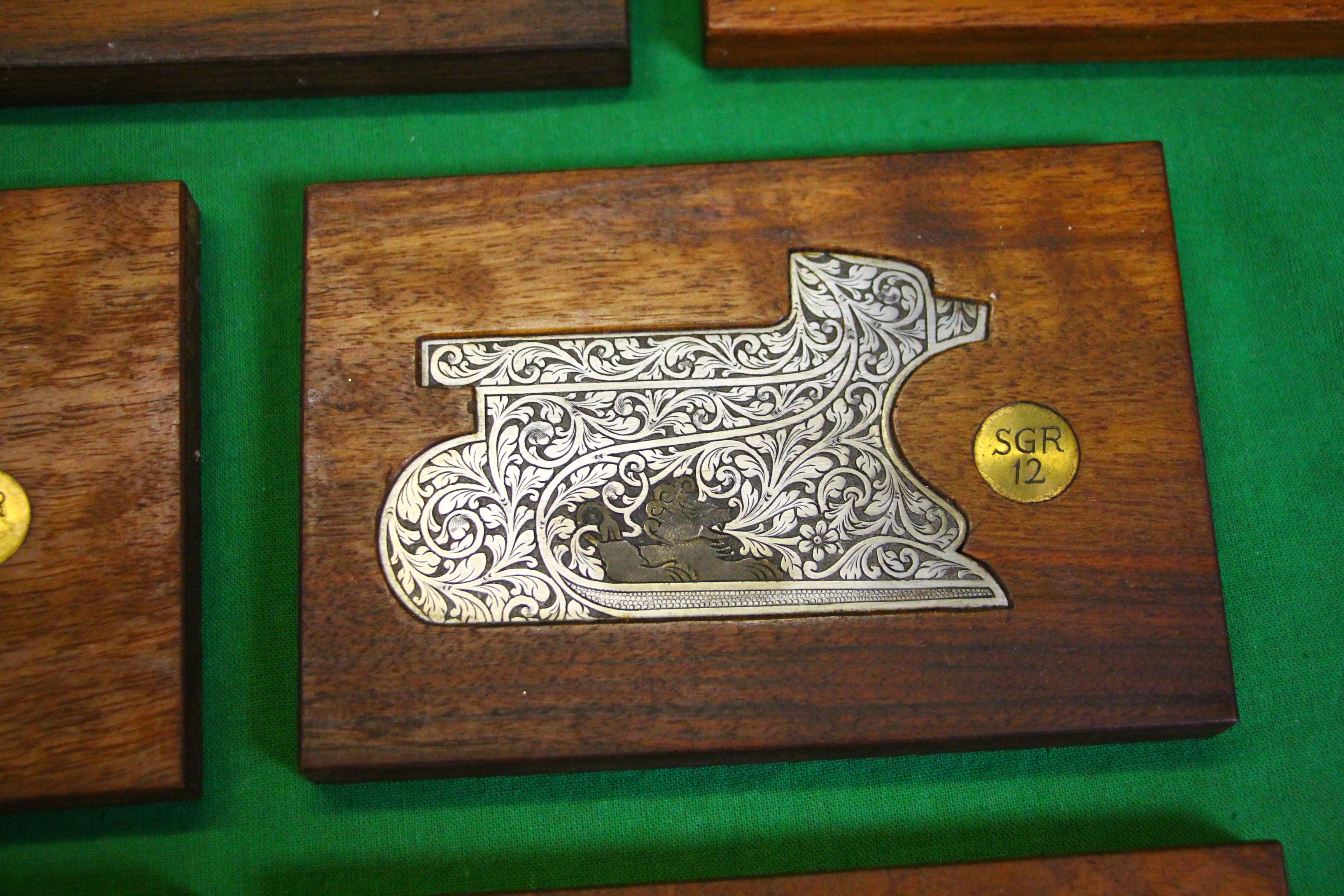 A COLLECTION OF 10 STEEL ENGRAVED SHOT GUN SIDE PLATES MOUNTED IN MAHOGANY, - Image 5 of 11