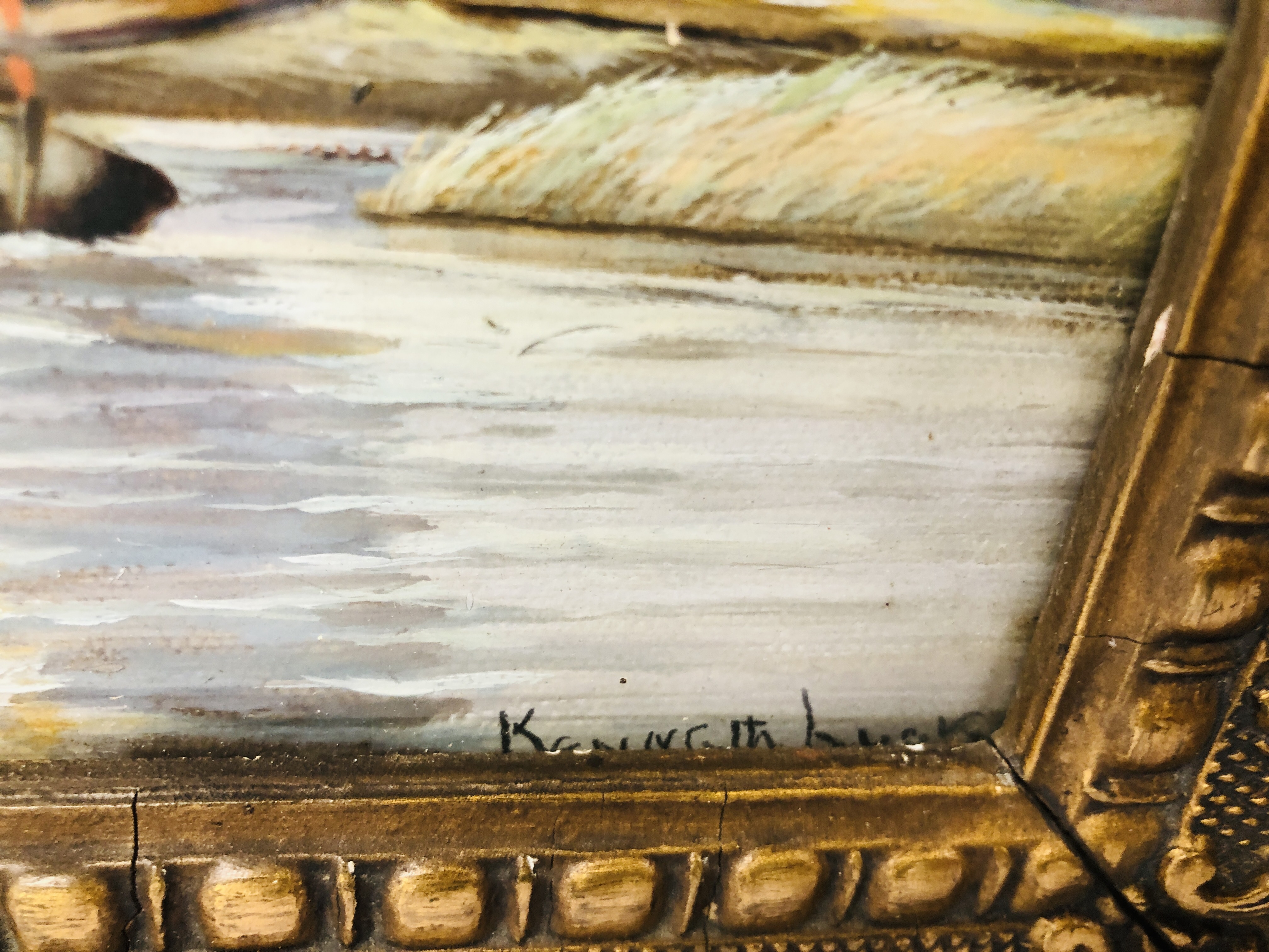 PAIR OF GILT FRAMED OIL ON BOARDS NORFOLK WHERRIES BEARING SIGNATURE KENNETH LUCK - H 19CM X W 14CM. - Image 6 of 6