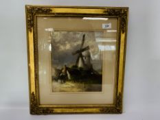 A GILT FRAMED WATERCOLOUR WINDMILL SCENE, THE FRAME INSCRIBED HENRY BRIGHT - 26.5 X 22CM.