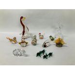 15 PIECES OF ART GLASS IN THE FORM OF ANIMALS TO INCLUDE DUCK, DOLPHIN, BIRDS, ELEPHANTS,