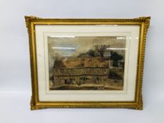 EARLY C19TH BRITISH SCHOOL: WATERCOLOUR OF A TIMBERED HOUSE FIGURES AND PLOUGH IN THE FOREGROUND,