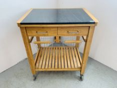 A MODERN BAMBOO FRAMED CHEF'S GRANITE TOP WORK STATION WITH TWO DRAWERS AND TWO BASKET DRAWERS ON