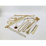 COLLECTION OF DESIGNER COSTUMER JEWELLERY, NECKLACES OF GOLD COLOUR VARIOUS DESIGNS AND LENGTH.