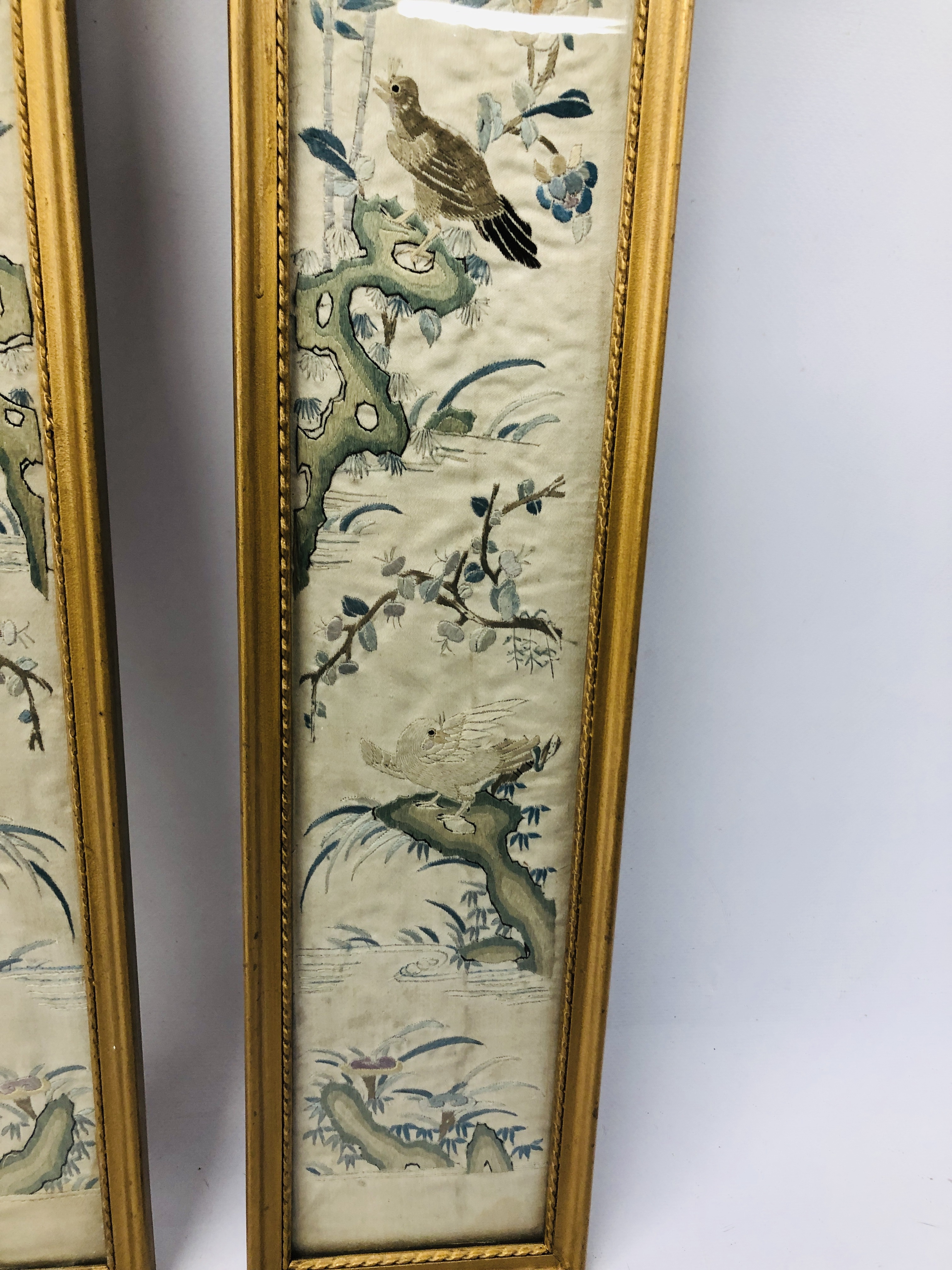A PAIR OF C19TH CHINESE EMBROIDERIES OF BIRDS, ROCKS AND TREES EACH 54 X 9CM. - Image 5 of 5