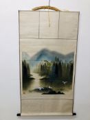 A CHINESE WATERCOLOUR SCROLL OF CRANES L 140CM X W 29CM.