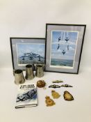 3 X RAF RELATED PEWTER TANKARDS, EMBROIDERED BADGES, GILT BADGES ETC.