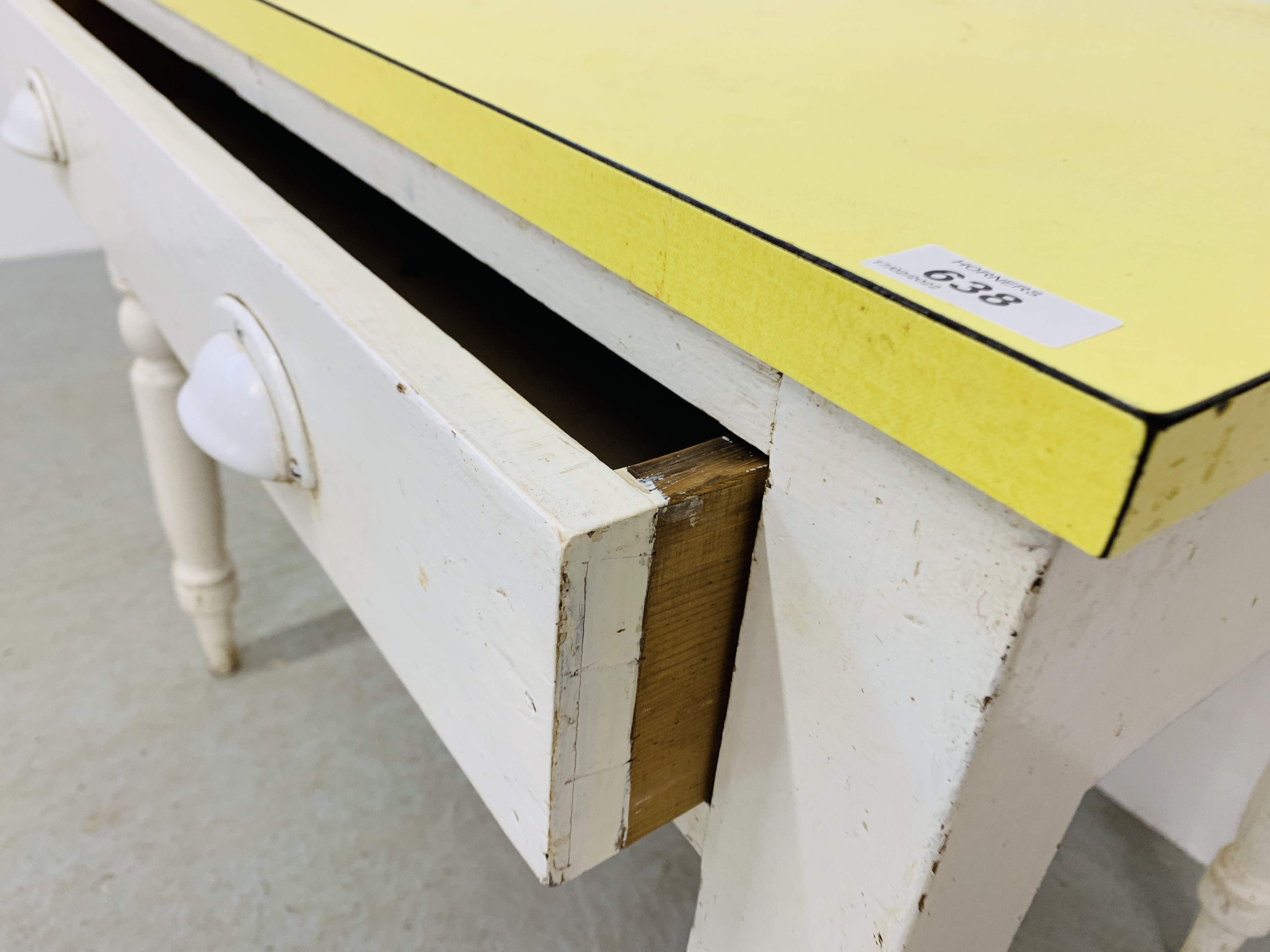 VINTAGE PINE SINGLE DRAWER KITCHEN TABLE WITH YELLOW FORMICA TOP. - Image 6 of 6