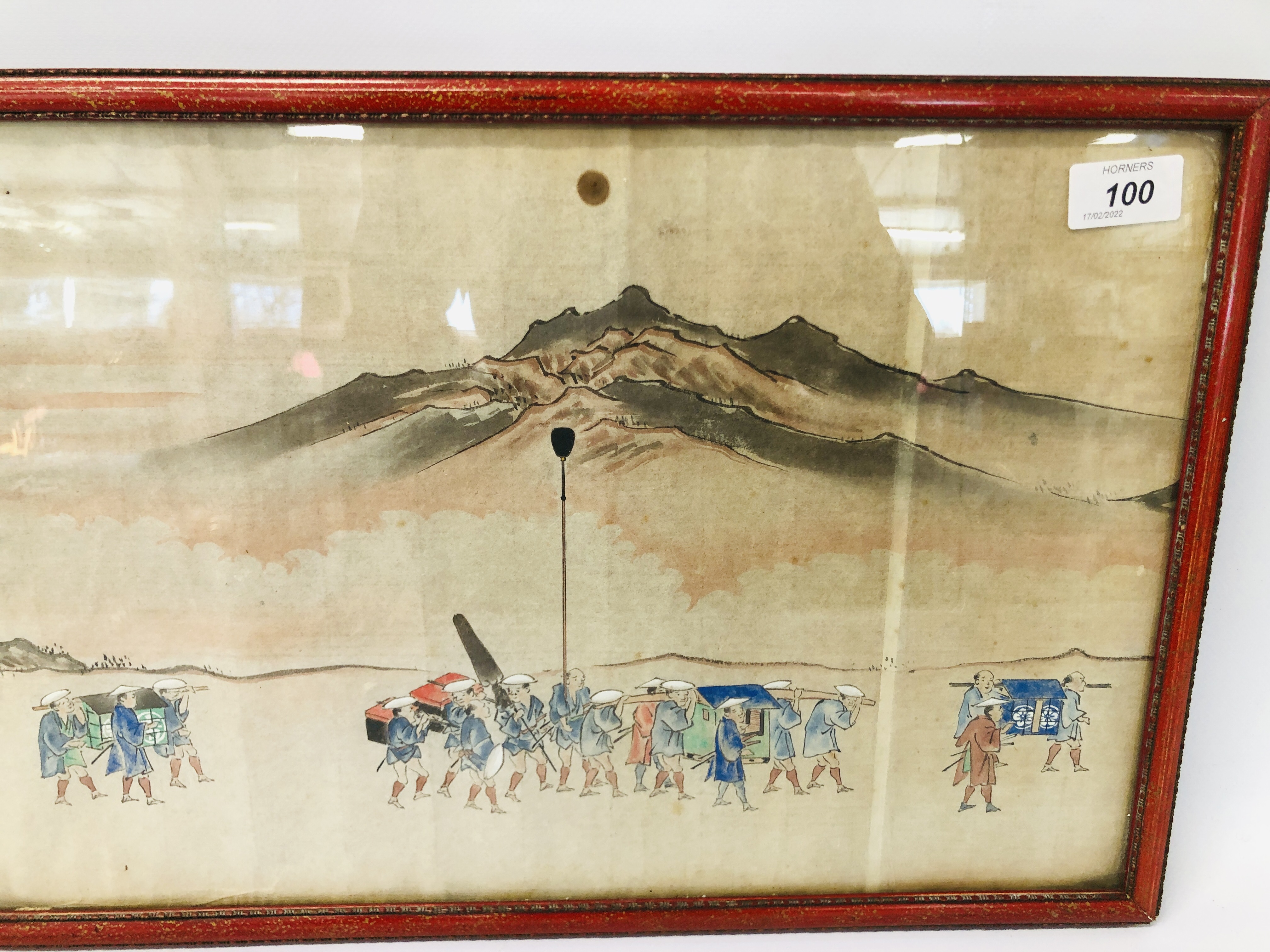 AN EARLY C20TH JAPANESE DRAWING OF FIGURES ON EXPEDITION IN MOUNTAINOUS LANDSCAPE 29CM X 63CM - THE - Image 3 of 6