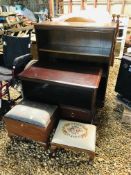 A STAG MINSTREL TWO DRAWER TWO TIER STAND ALONG WITH A HINGE TOP WORK BOX/STOOL AND AN EMBROIDERED