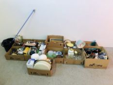 11 X BOXES OF ASSORTED HOUSEHOLD SUNDRIES TO INCLUDE CHINA & GLASSWARE, CABINET ORNAMENTS AND GLASS,
