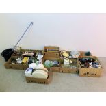 11 X BOXES OF ASSORTED HOUSEHOLD SUNDRIES TO INCLUDE CHINA & GLASSWARE, CABINET ORNAMENTS AND GLASS,