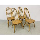 A SET OF FOUR ERCOL BLONDE FINISH HOOP BACK DINING CHAIRS