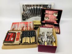 BOX OF ASSORTED CUTLERY, SOME BOXED TO INCLUDE A DEBENHAMS 16 PIECE CUTLERY SET ETC.