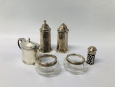 COLLECTION OF SILVER TO INCLUDE 2 SALTS, PEPPER WITH BLUE GLASS LINER,