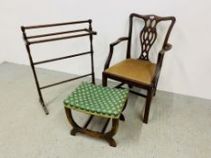 A VICTORIAN TOWEL HORSE ALONG WITH A FRETT BACK ELBOW CHAIR AND REPRODUCTION GREEN UPHOLSTERED