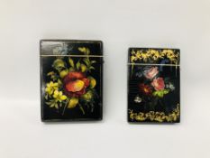 2 PAPIER MACHE BLACK LACQUERED AND HAND PAINTED CARD CASES