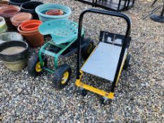 A WHEELED GARDENING SEAT AND COMBINATION SACK BARROW