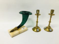 A CORNUCOPIA WITH BRASS HAND DETAIL ON MARBLE BASE AND PAIR OF VICTORIAN WEDGEWOOD CANDLESTICKS