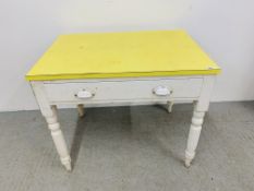 VINTAGE PINE SINGLE DRAWER KITCHEN TABLE WITH YELLOW FORMICA TOP.