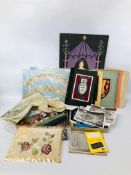 BOX OF ASSORTED VINTAGE AND CONTEMPORARY NEEDLEWORK AND LACE SAMPLES ALONG WITH VARIOUS BLACK AND