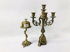 VINTAGE HEAVY BRASS 4 BRANCH CENTRE PIECE H 36CM ALONG WITH A BRASS CHERUB FIGURED HOTEL BELL