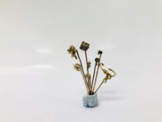 4 X VINTAGE YELLOW METAL STICK PINS ALONG WITH A FURTHER 4 DIAMOND SET STICK PINS