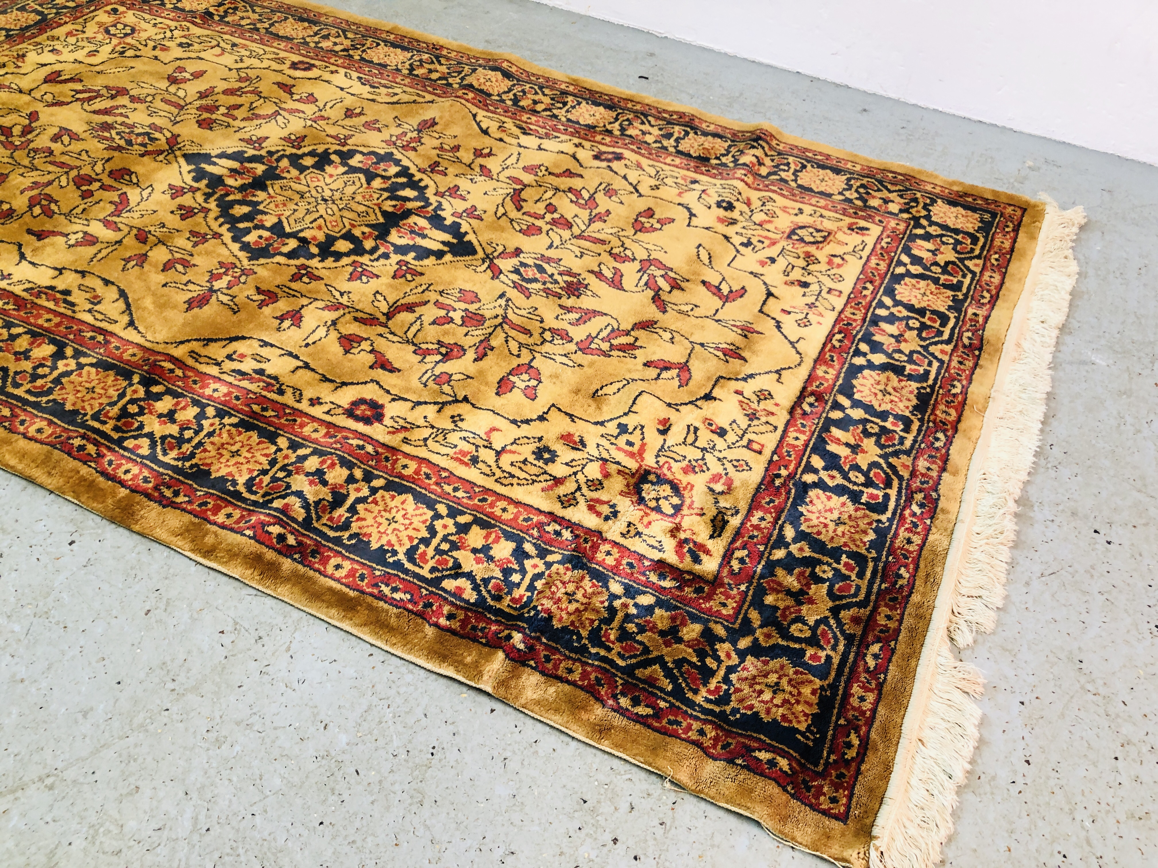 A MODERN RED AND BLUE PATTERNED ON YELLOW GROUND RUG 205 X 125CM. - Image 2 of 4