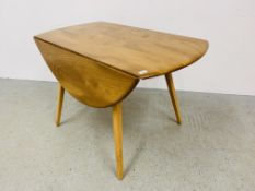 AN ERCOL BLONDE FINISH DROP FLAP DINING TABLE - LENGTH 113CM. WIDTH 61CM. EXTENDED 124CM.