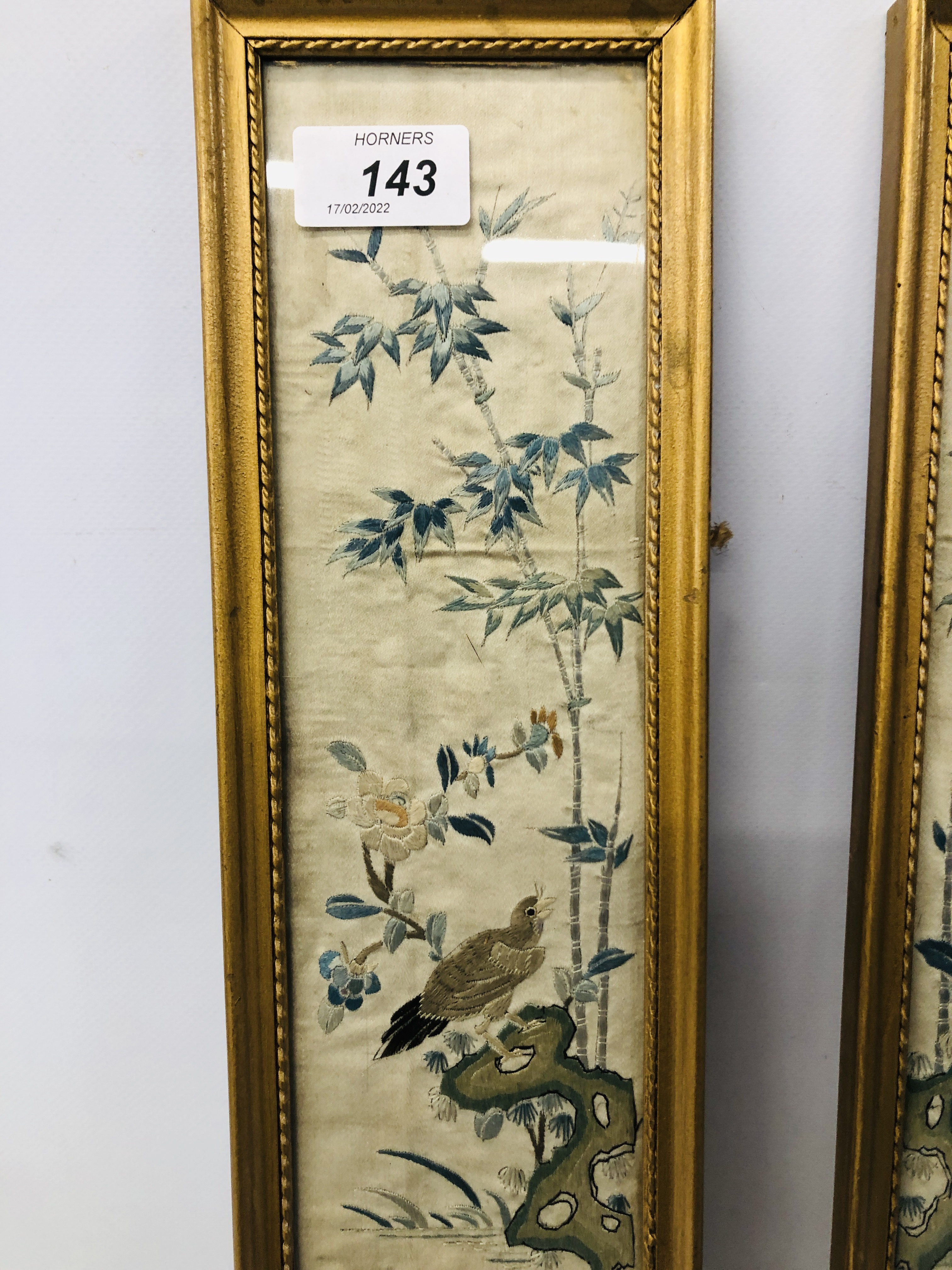 A PAIR OF C19TH CHINESE EMBROIDERIES OF BIRDS, ROCKS AND TREES EACH 54 X 9CM. - Image 2 of 5