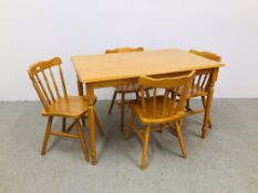 A MODERN PINE RECTANGULAR KITCHEN TABLE AND FOUR STICK BACK BEECHWOOD KITCHEN CHAIRS (TABLE 120CM X