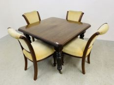 A VICTORIAN WIND OUT DINING TABLE WITH ADDITIONAL LEAF AND 4 VELOUR UPHOLSTERED DINING CHAIRS - W