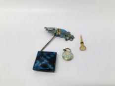 VINTAGE SILVER ENAMELED HAIR SLIDE, VINTAGE YELLOW METAL POCKET WATCH KEY,