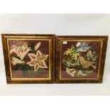 PAIR OF VINTAGE NEEDLE WORKS IN BURR WALNUT FRAMES - W 39CM X H 39CM.