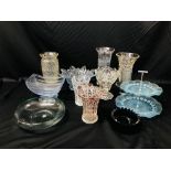 COLLECTION OF ASSORTED GOOD QUALITY GLASSWARE TO INCLUDE 6 VASES, AN ART DECO STYLE PALE BLUE BOWL,