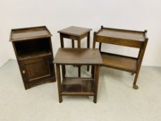 4 PIECES OF OCCASIONAL FURNITURE TO INCLUDE 2 TIER OAK TROLLEY, 2 TIER OAK PLANT STAND,