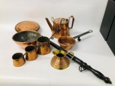 BOX OF ASSORTED VINTAGE COPPER COMPRISING 3 GRADUATED MEASURES, WARMING PAN, KETTLE, BOWL ETC.