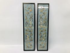 A PAIR OF LATE C19TH CANTONESE EMBROIDERIES ON BLUE SILK 53CM X 11CM.