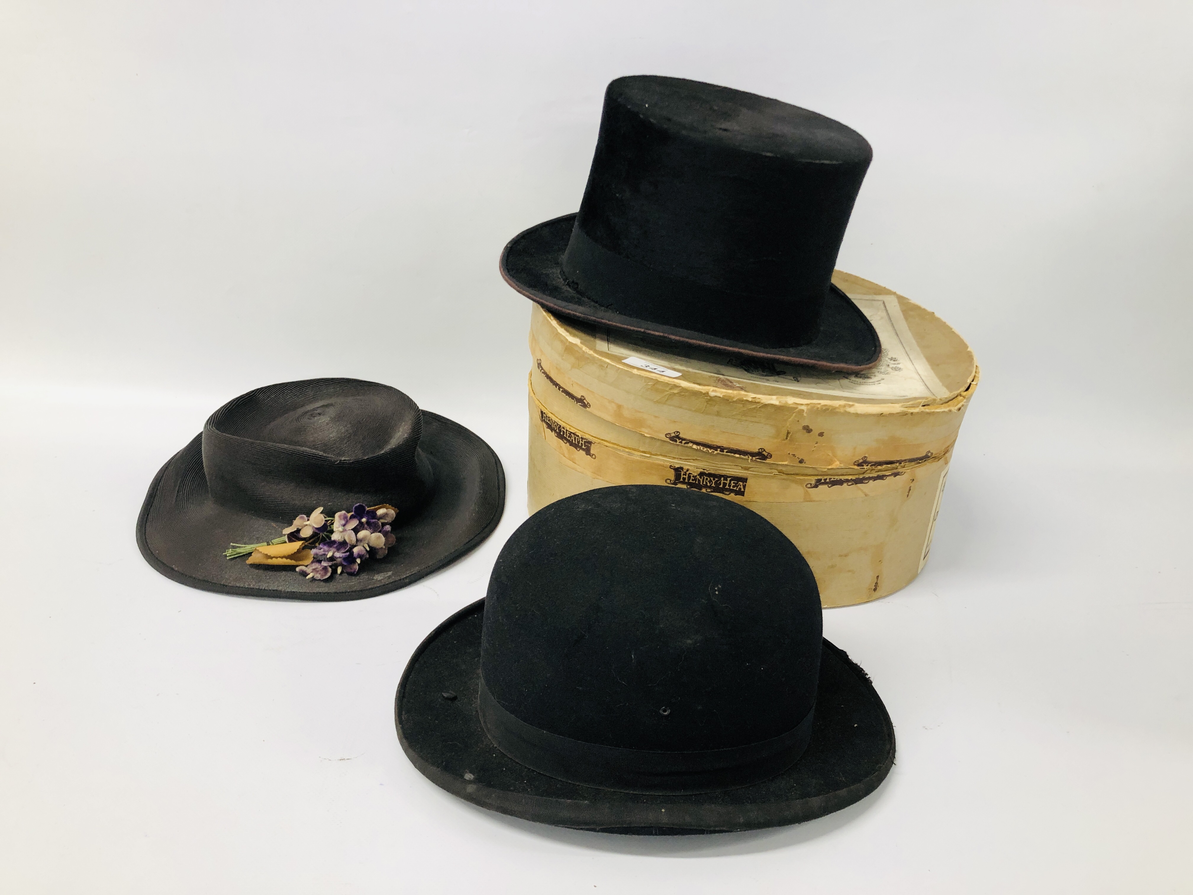 A VINTAGE TOP HAT, BOWLER HAT,