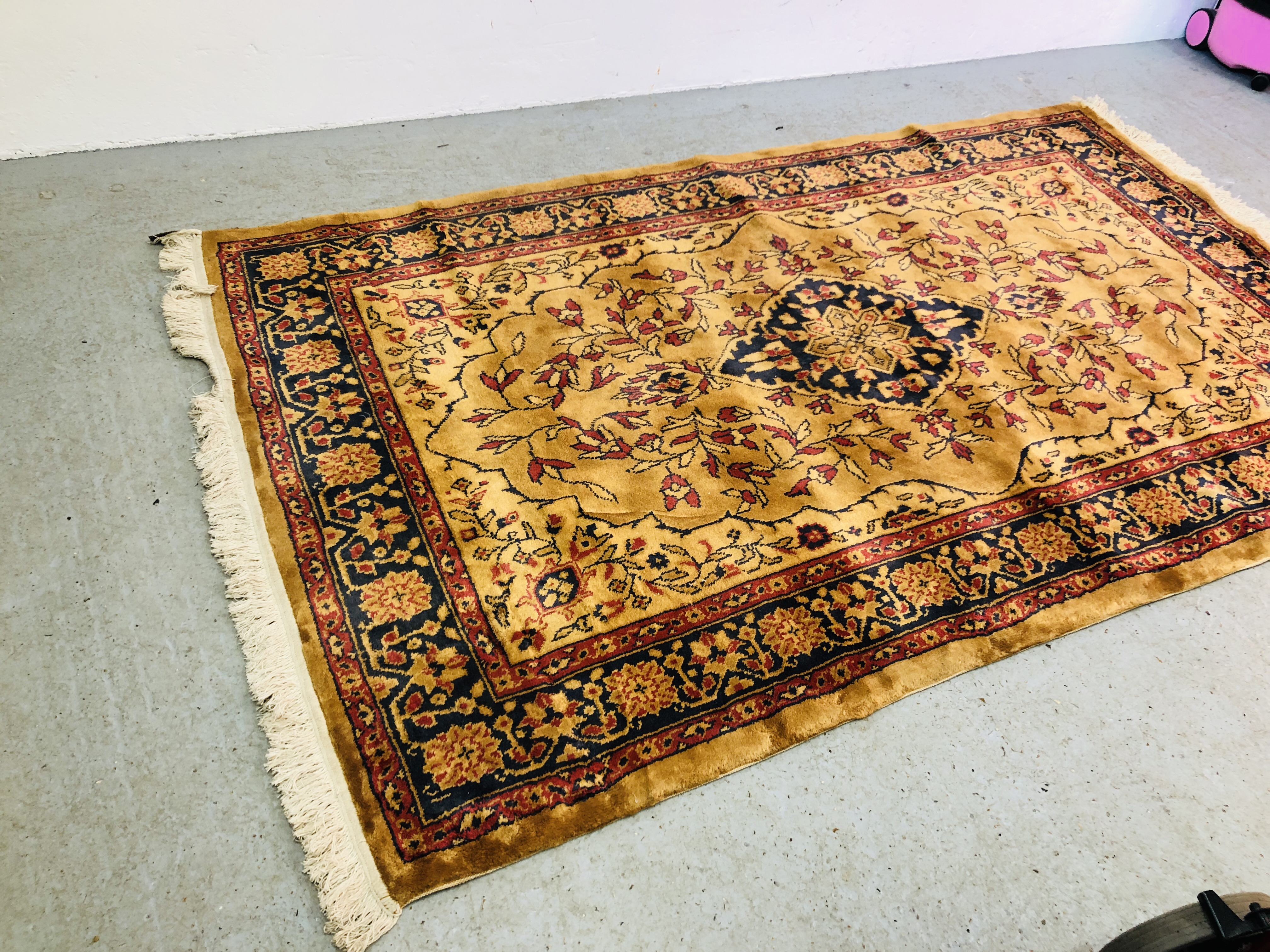 A MODERN RED AND BLUE PATTERNED ON YELLOW GROUND RUG 205 X 125CM. - Image 3 of 4