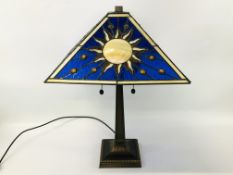 AN IMPRESSIVE TIFFANY STYLE TABLE LAMP WITH SQUARE LEADED GLASS SHADE WITH SUN AND MOON DESIGNS -