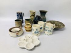 BOX OF ASSORTED ART / STUDIO POTTERY MUGS AND VASES ALONG POOLE POSY (AF) ETC.