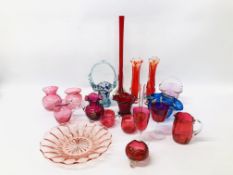 19 PIECES OF ART GLASS AND CRANBERRY GLASS TO INCLUDE VASES, BOWLS, BASKETS, JUGS, GLASSES ETC.