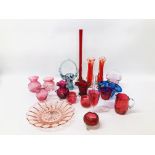 19 PIECES OF ART GLASS AND CRANBERRY GLASS TO INCLUDE VASES, BOWLS, BASKETS, JUGS, GLASSES ETC.