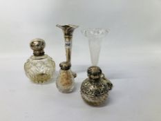 3 X SILVER TOPPED SCENT BOTTLES, SILVER SPECIMEN VASE,