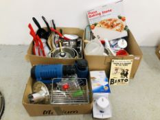 3 X BOXES CONTAINING GOOD QUALITY KITCHENWARE TO INCLUDE PANS, PIZZA STONE, MIXING BOWL,